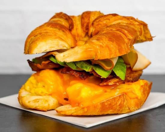 Croissant, Bacon, Turkey, Avocado, Egg, and Cheddar