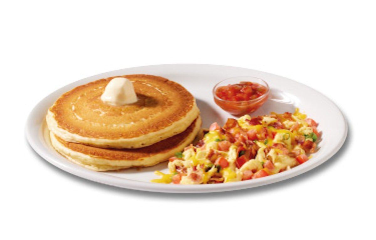 LOADED BACON CHEESE SCRAMBLE and HOT CAKES