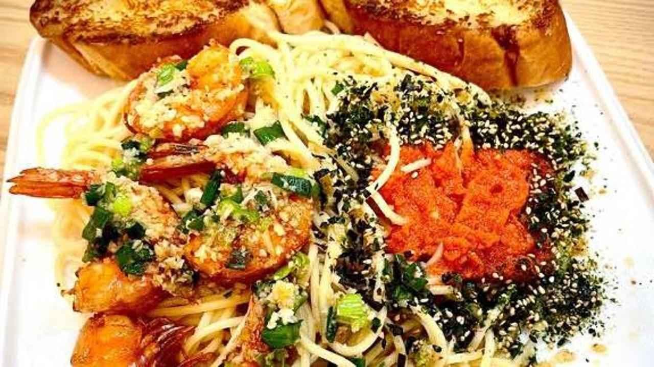 Mentaiko and Garlic Shrimp Spaghetti.