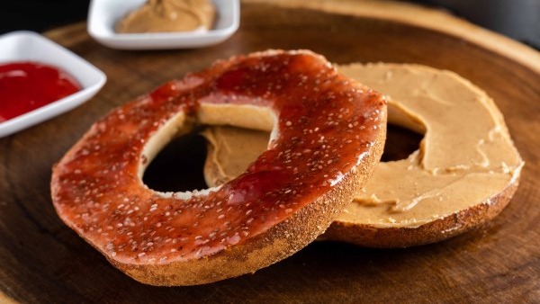 Bagel with Peanut Butter and Strawberry Chia Jam