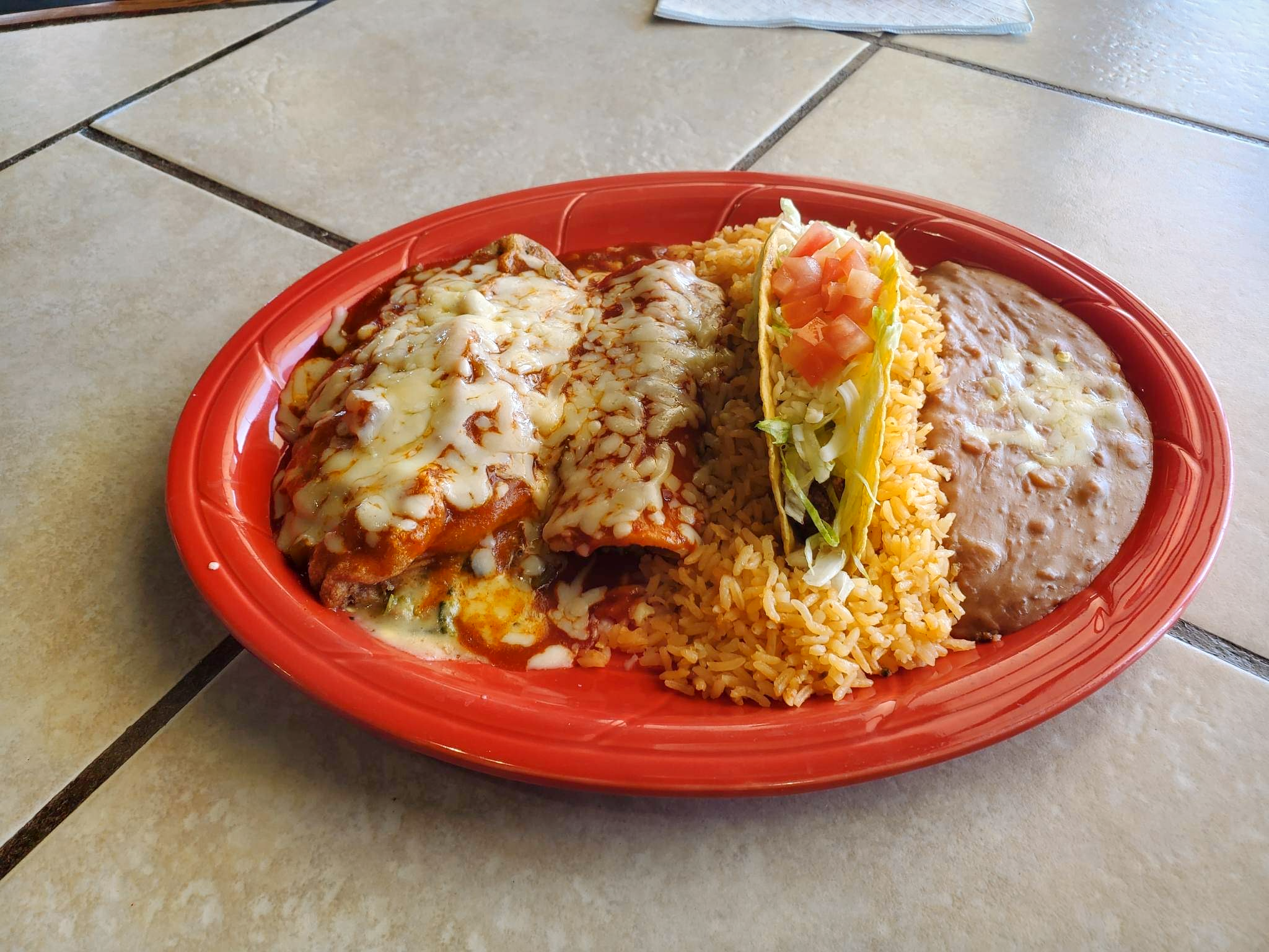 E. Chile Relleno, Taco and Beef Enchilada