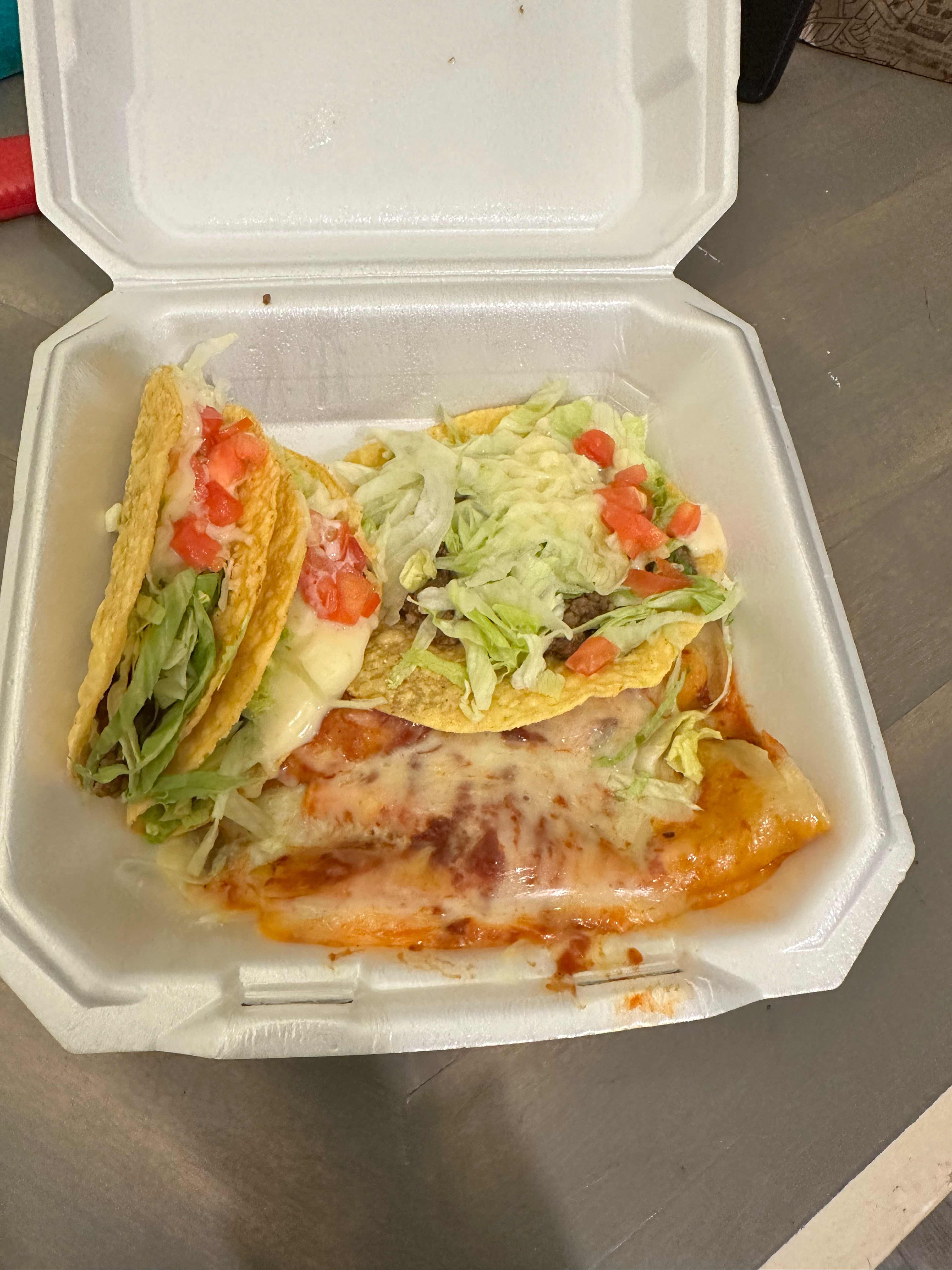G. Two Beef Enchiladas, One Tostada and One Beef Taco