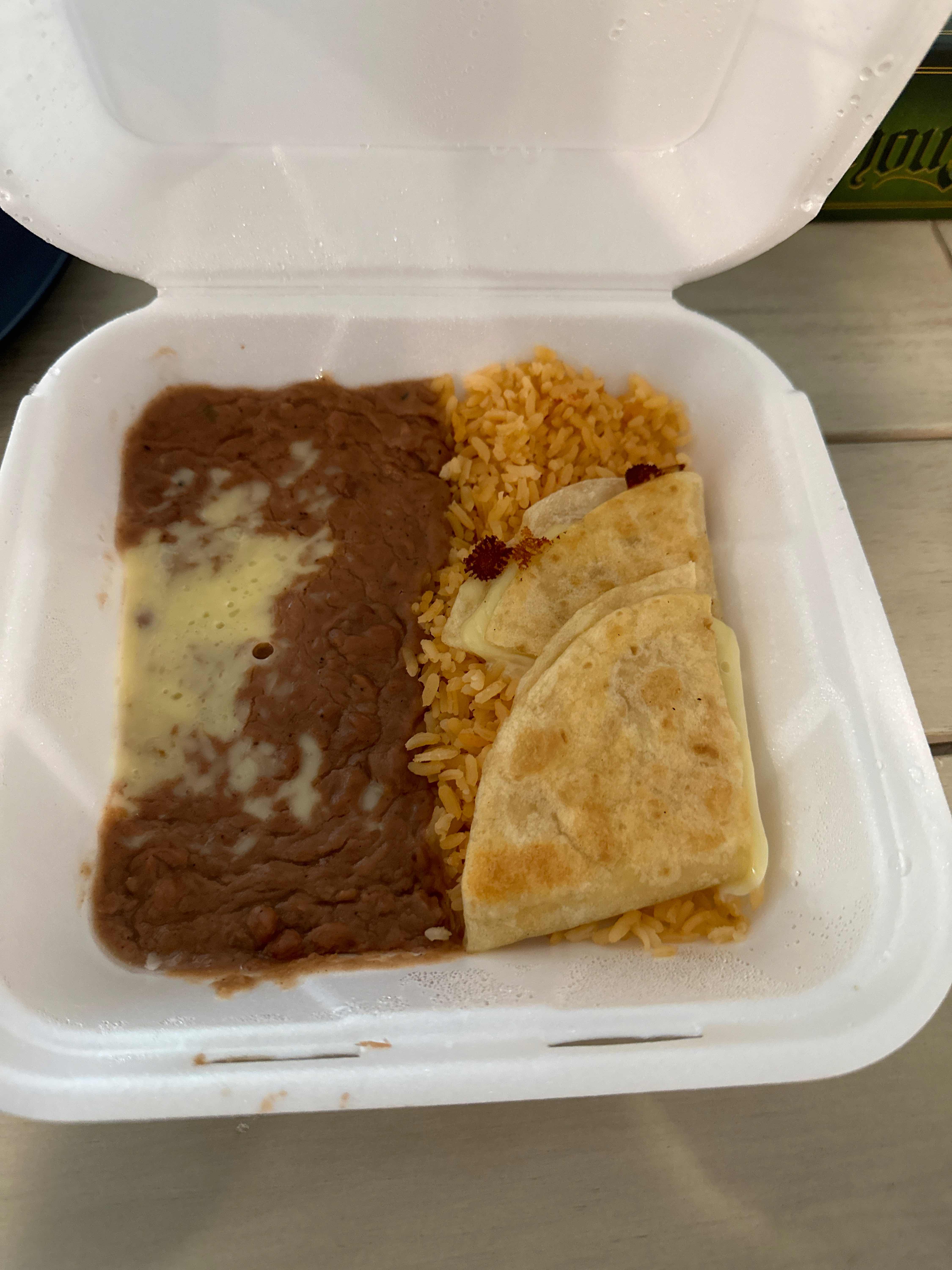 P. Quesadilla, Refried Beans and Rice