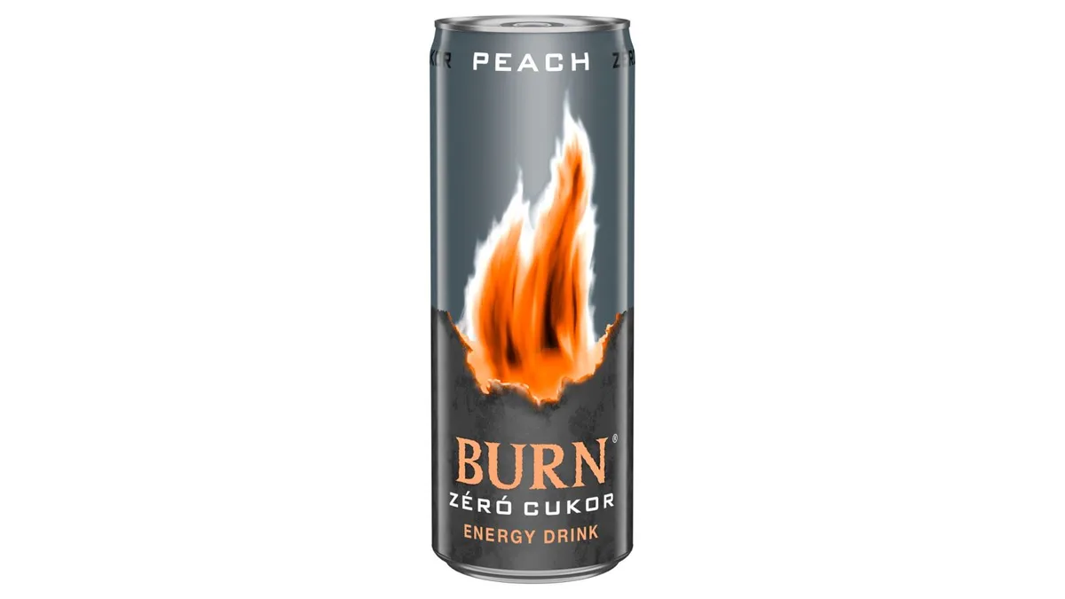 Burn Peach Zéró Cukor szénsavas őszibarackízű ital koffeinnel, B-vitaminnal and édesítőszerrel 250 ml
