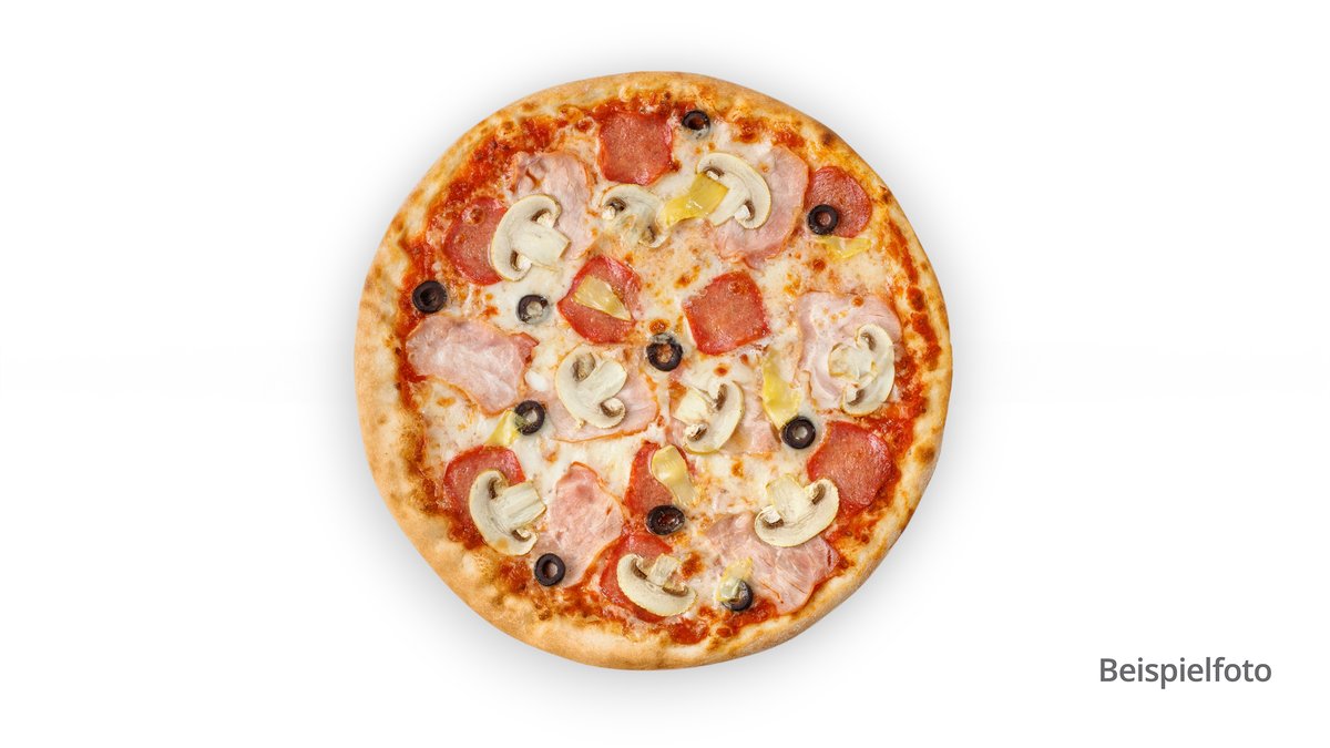 28. Pizza mit Salami, Schinken, Champignons, Oliven