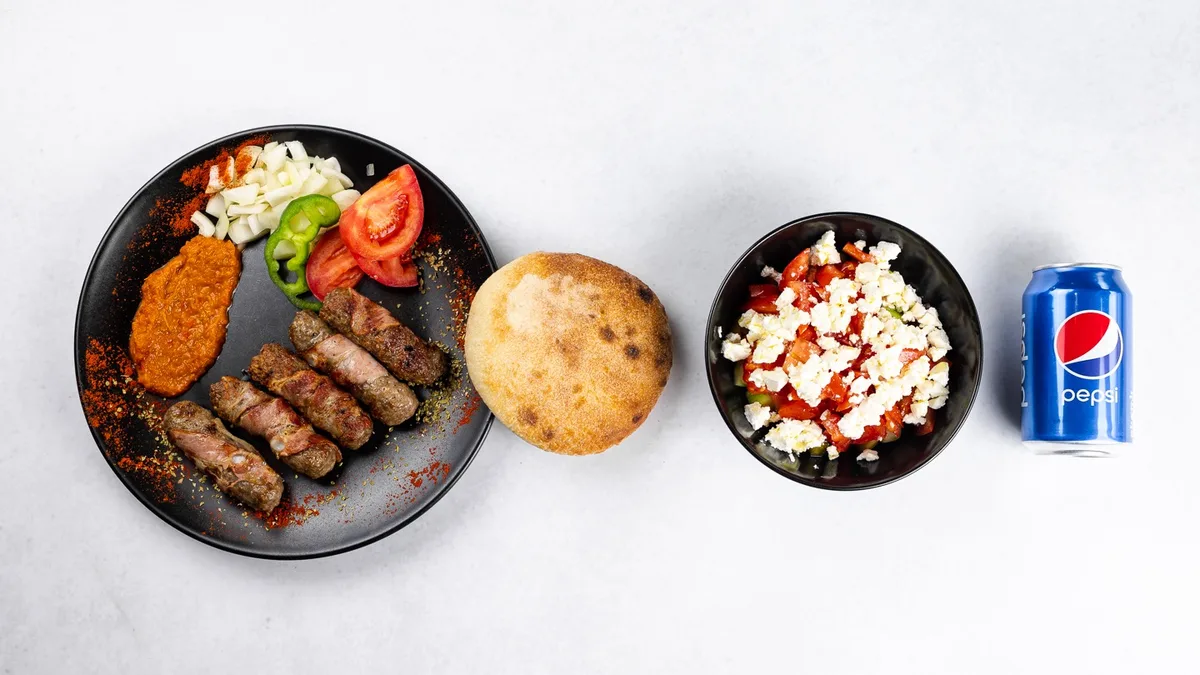 Cevapi with bacon (5 pieces), salad and Pepsi 0.33 l