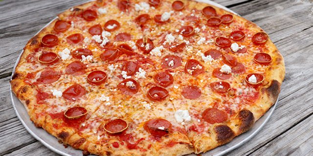 Hot Honey, Cup and Char Pepperoni and Goat Cheese Pizza