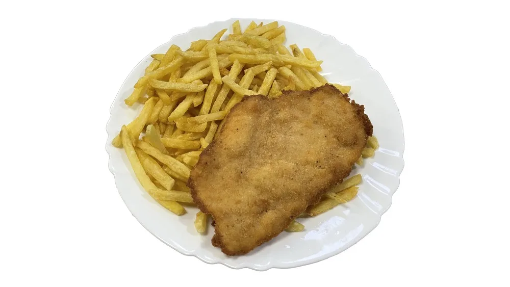 D2. Kuřecí řízek s hranolky + nápoj 0,5 l