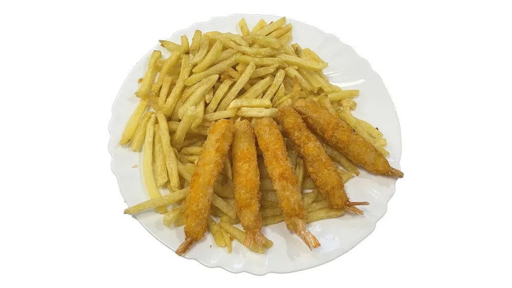 D3. Smažené krevety s hranolky + nápoj 0,5 l