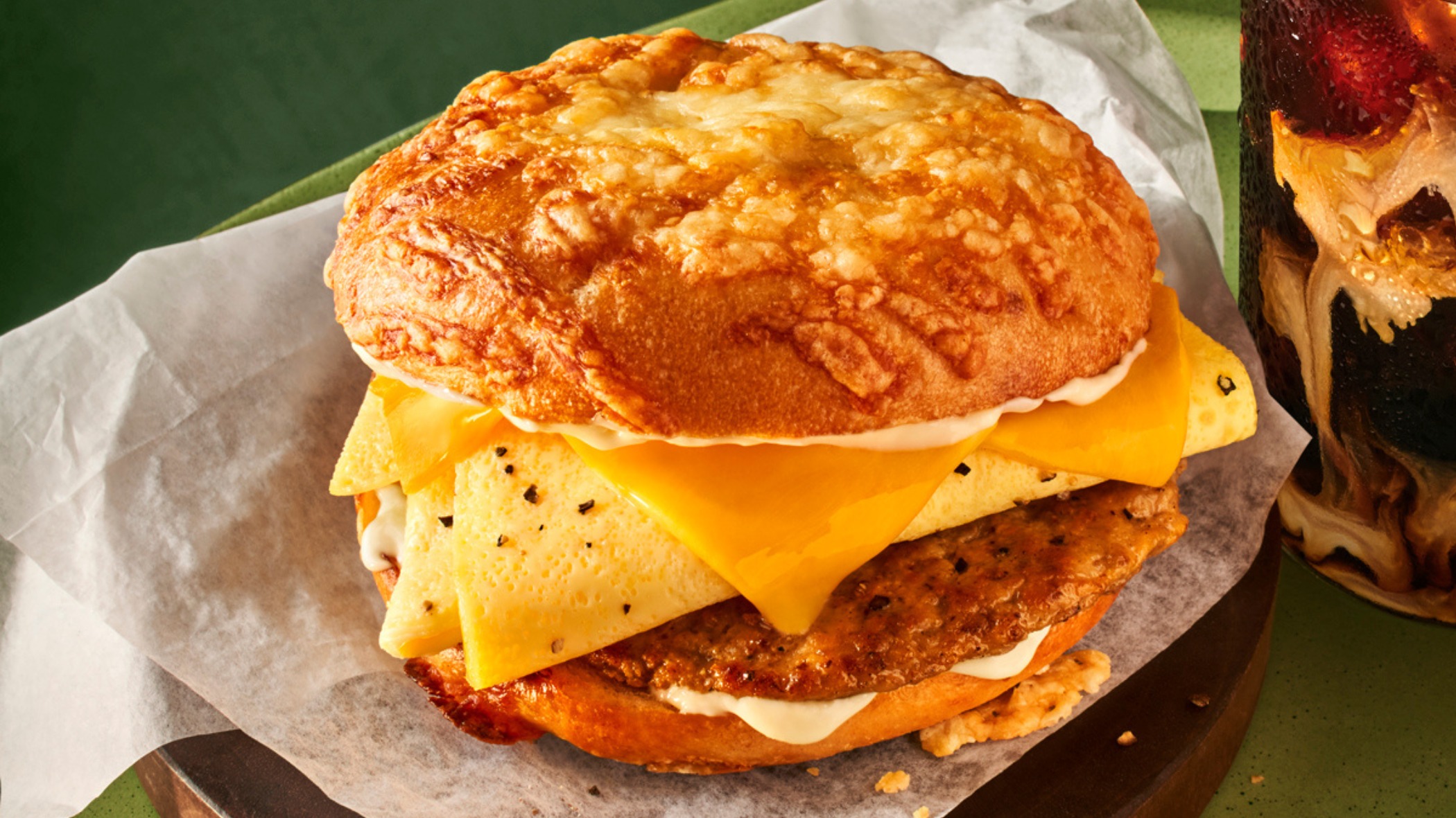 Sausage, Scrambled Egg and Cheese on Asiago Bagel