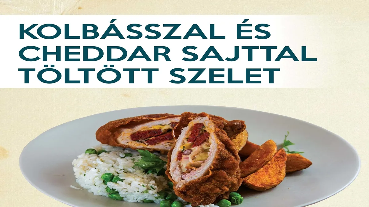 Kolbásszal és cheddar sajttal töltött szelet rántva, választható körettel