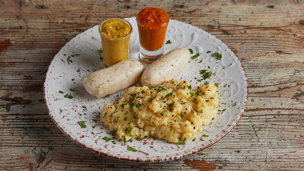 Münchner Weisswürste mit Kartoffelsalat, Süssem Senf und Brot