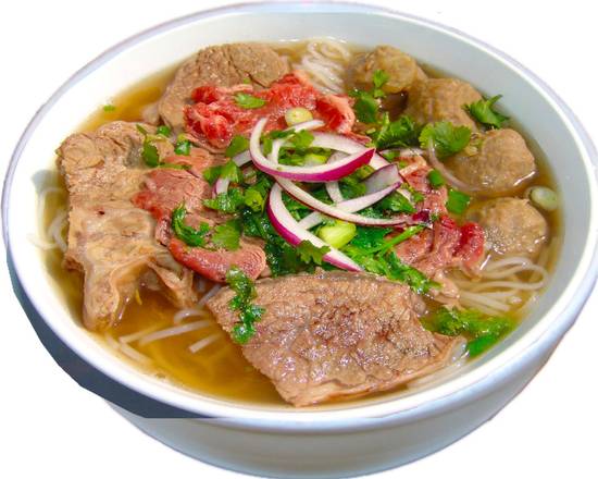 Combination of Well Done, Rare Beef, and Beef Ball Noodle Soup (Pho Xe Lua)