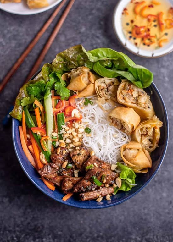 Grilled Sliced Pork, Egg Rolls and Veggies (Bun thit nuong cha gio)