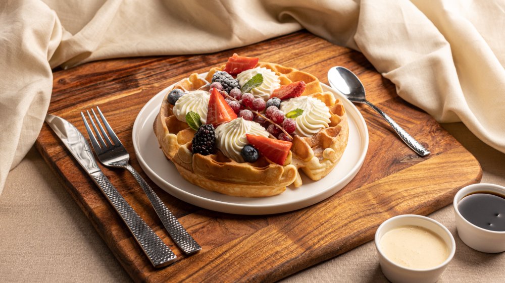 Belgian waffle with cream cheese and fresh fruits