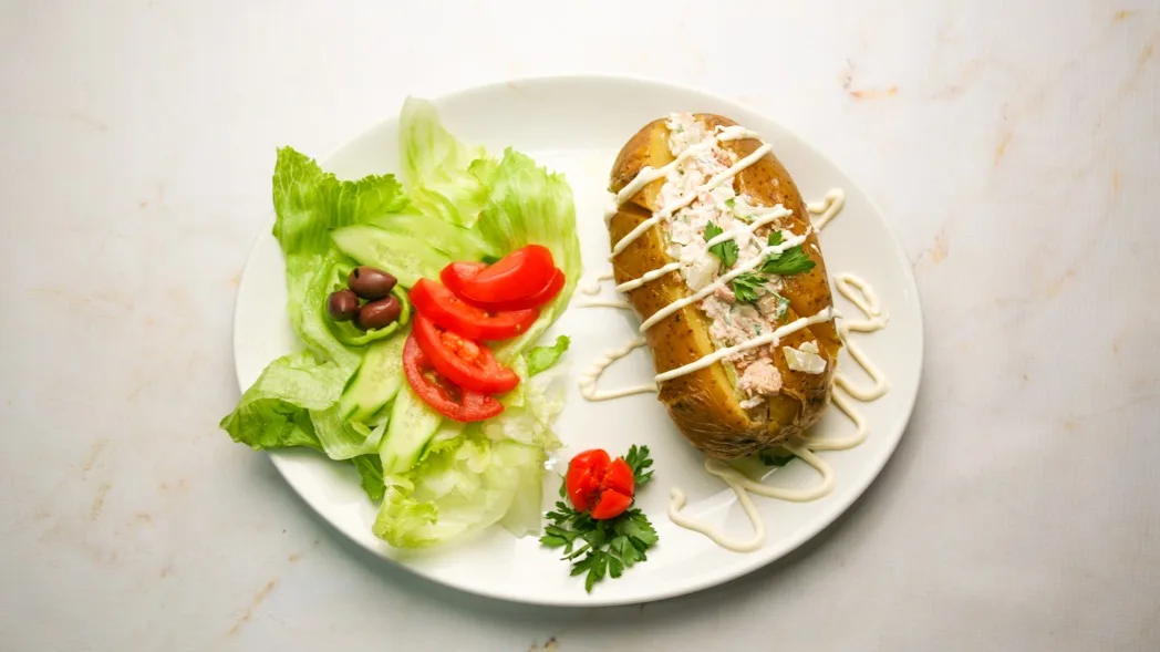 Jacket Potato with Tuna, Onion, Parsley and Mayonnaise