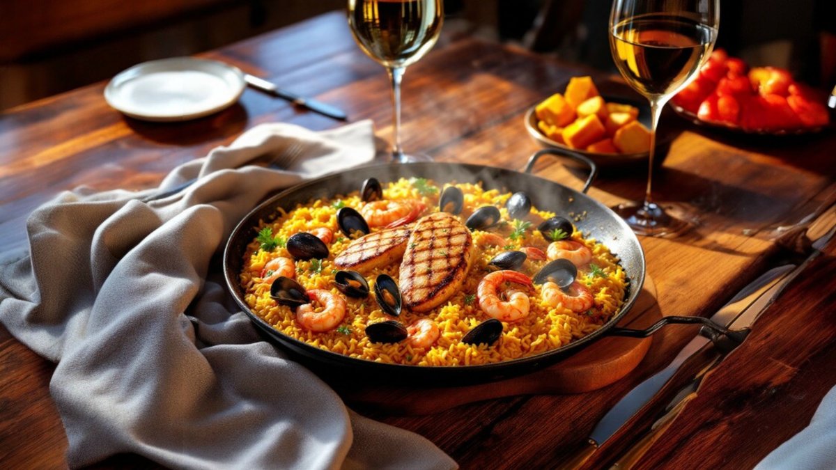 Paella cu fructe de mare și piept de pui