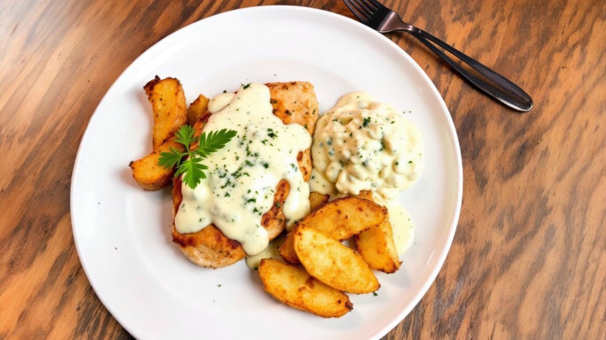 Pui cu sos gorgonzola și cartofi wedges