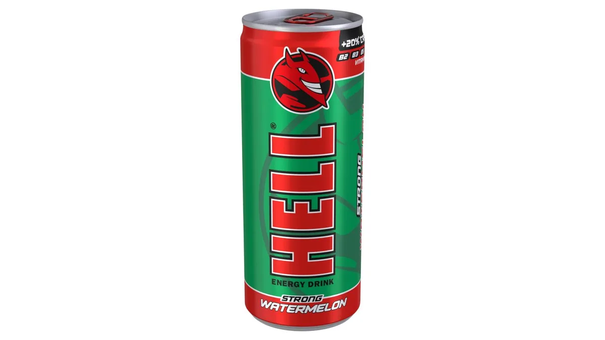 HELL Strong görögdinnye- és tuttifruttiízű koffeintartalmú, szénsavas ital 250 ml