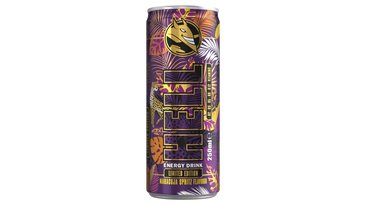 HELL őszibarack-, maracuja- és tuttifruttiízű, koffeintartalmú, szénsavas, alkoholmentes ital 250 ml