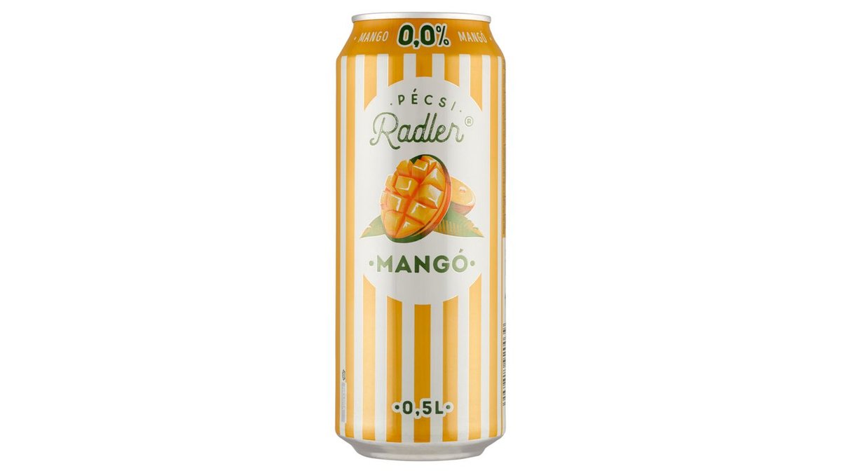 Pécsi Radler Mangó alkoholmentes világos sör és mangó ízű szénsavas üdítőital keveréke 0,0% 0,5 l