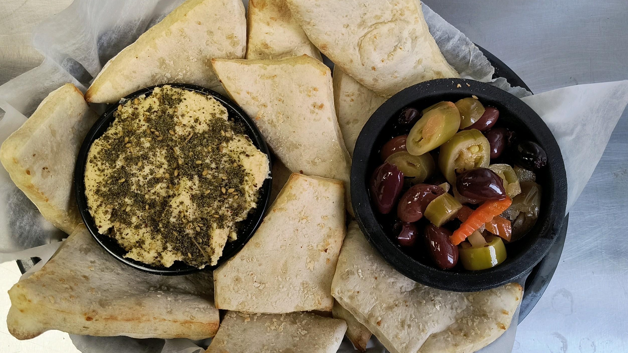 Olives, Hummus and Pita