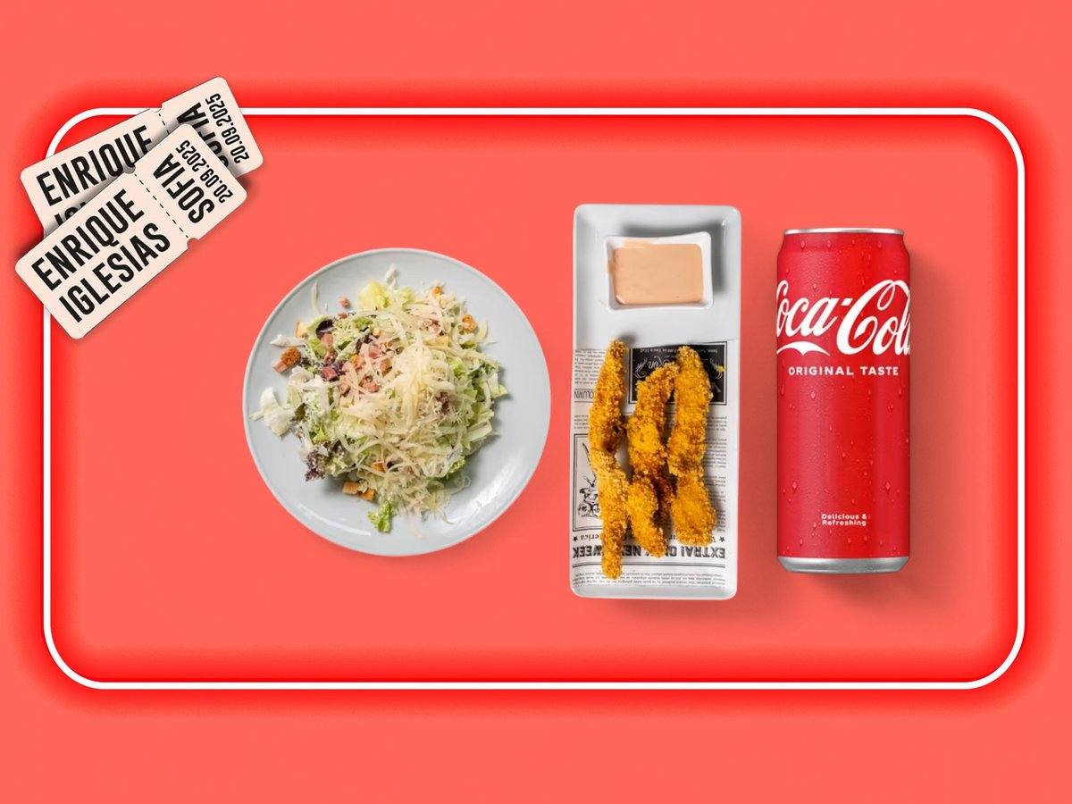 Салата Цезар с бекон + пилешки филенца + 1 продукт на Coca-Cola кен