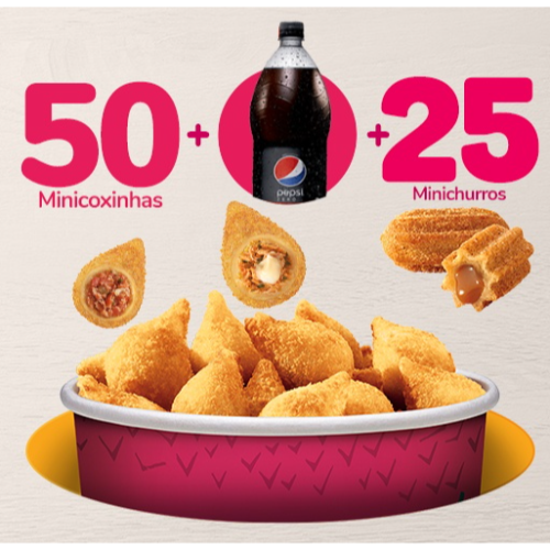50 Minicoxinhas + Minichurros + Bebida