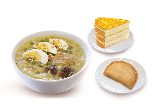 Arroz Caldo with Cake Slice and Chicken Empanada