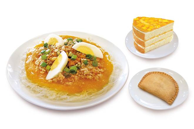 Pancit Palabok with Cake Slice and Chicken Empanada