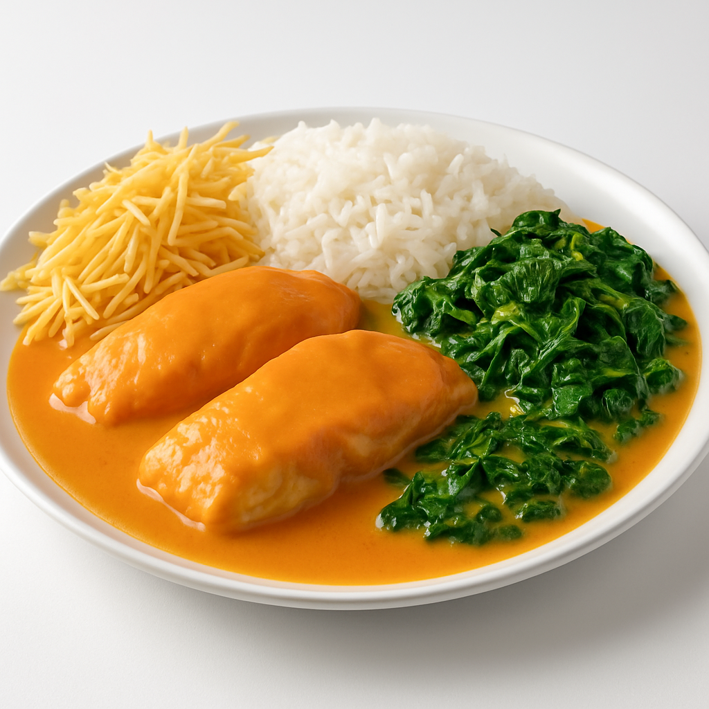 Peixe Corvina ao Coco com Bredo ao Molho de Coco com Arroz para