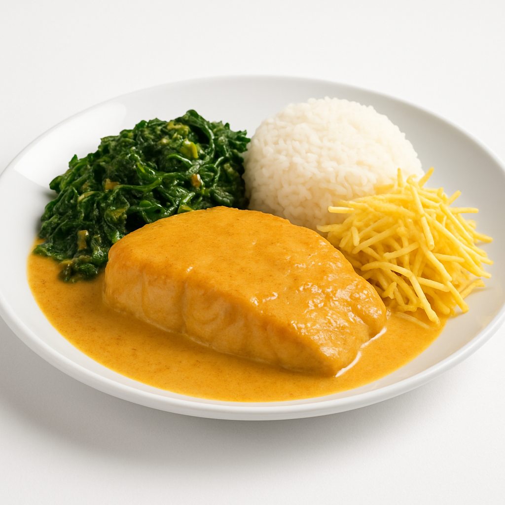 Peixe Corvina ao Molho de Coco com Bredo e Batata Palha com Arro