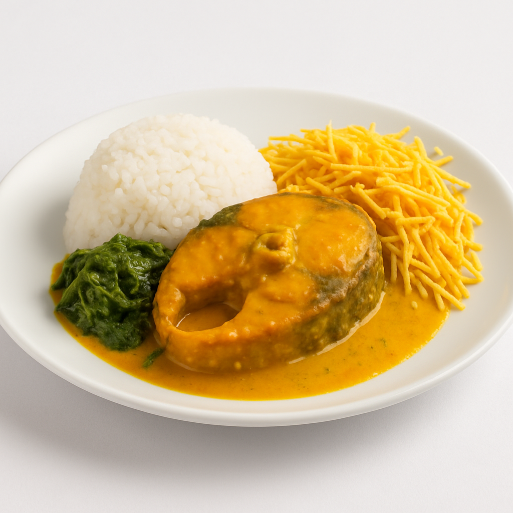 Peixe Corvina com Arroz ou Espaguete e Bredo Batata Palha para