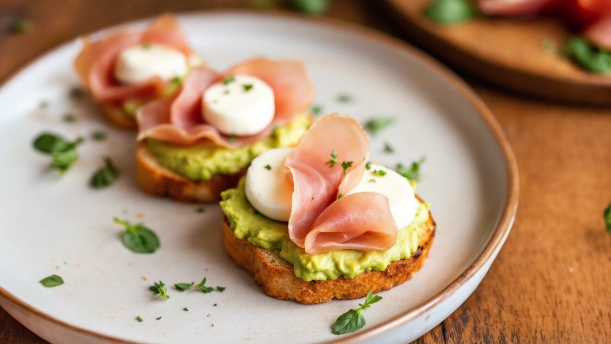 Bruschete cu cremă de avocado, camembert și prosciutto crudo