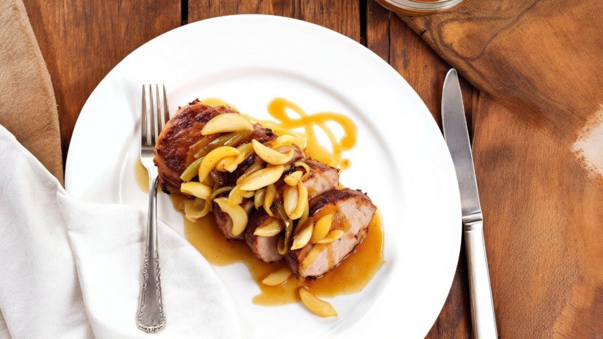 Mușchi de porc cu praz caramelizat și reducție de gutui