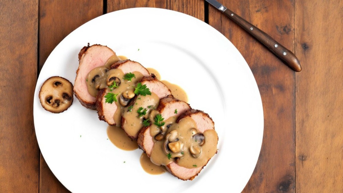 Muschiulet de porc cu ciuperci in sos cremos
