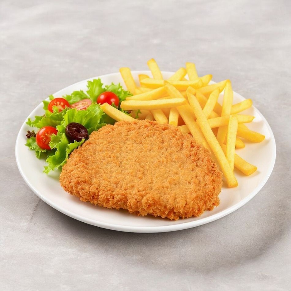 Pechuga Frita con Ensaladas y Papas