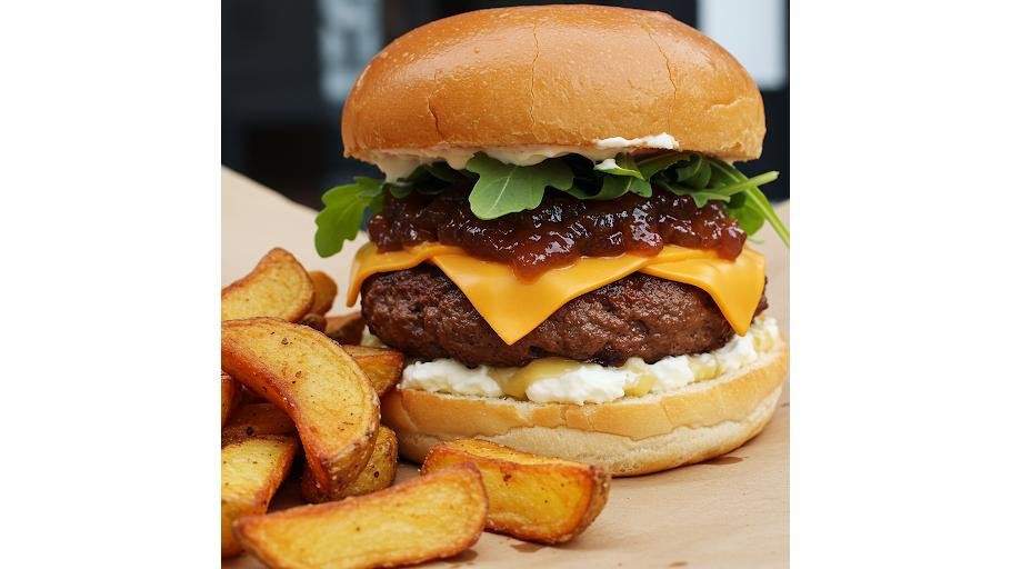 Double Cheeseburger Ribs House  and  cartofi prajiti și inele de ceapă