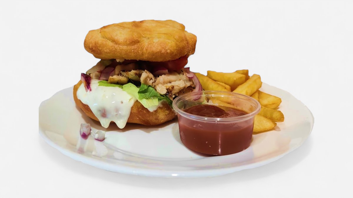 Langoš Kurací Burger + Hranolky + kečup