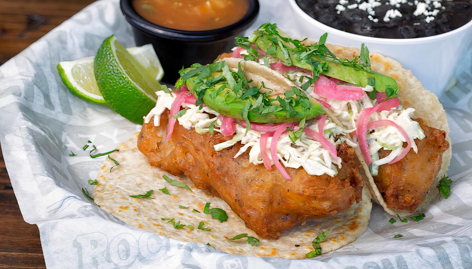 Baja Beer, Battered Fish Soft Tacos