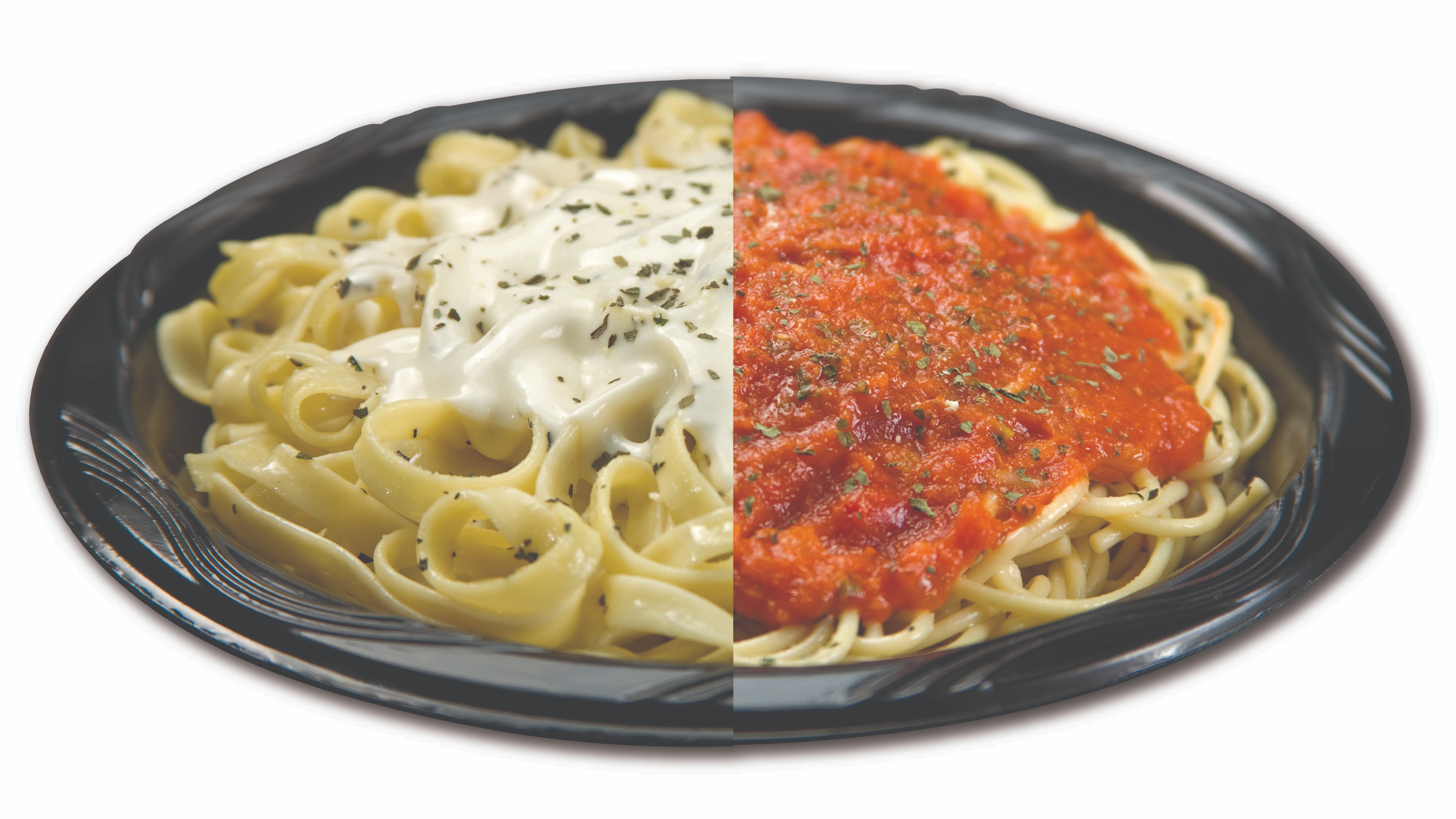 Can't Decide: 1/2 Spaghetti with Marinara and 1/2 Fettuccine Alfredo