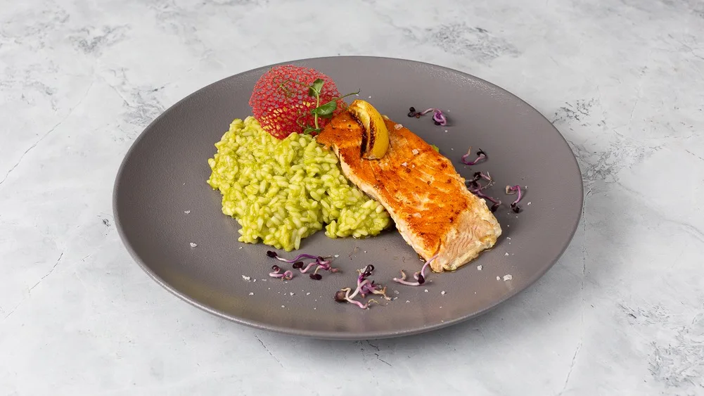 Citrusos Lazac Steak Zöldborsópürés Rizottóval