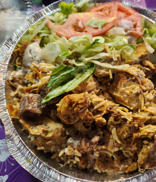 Chicken and Lamb Over Rice with Salad and Soda