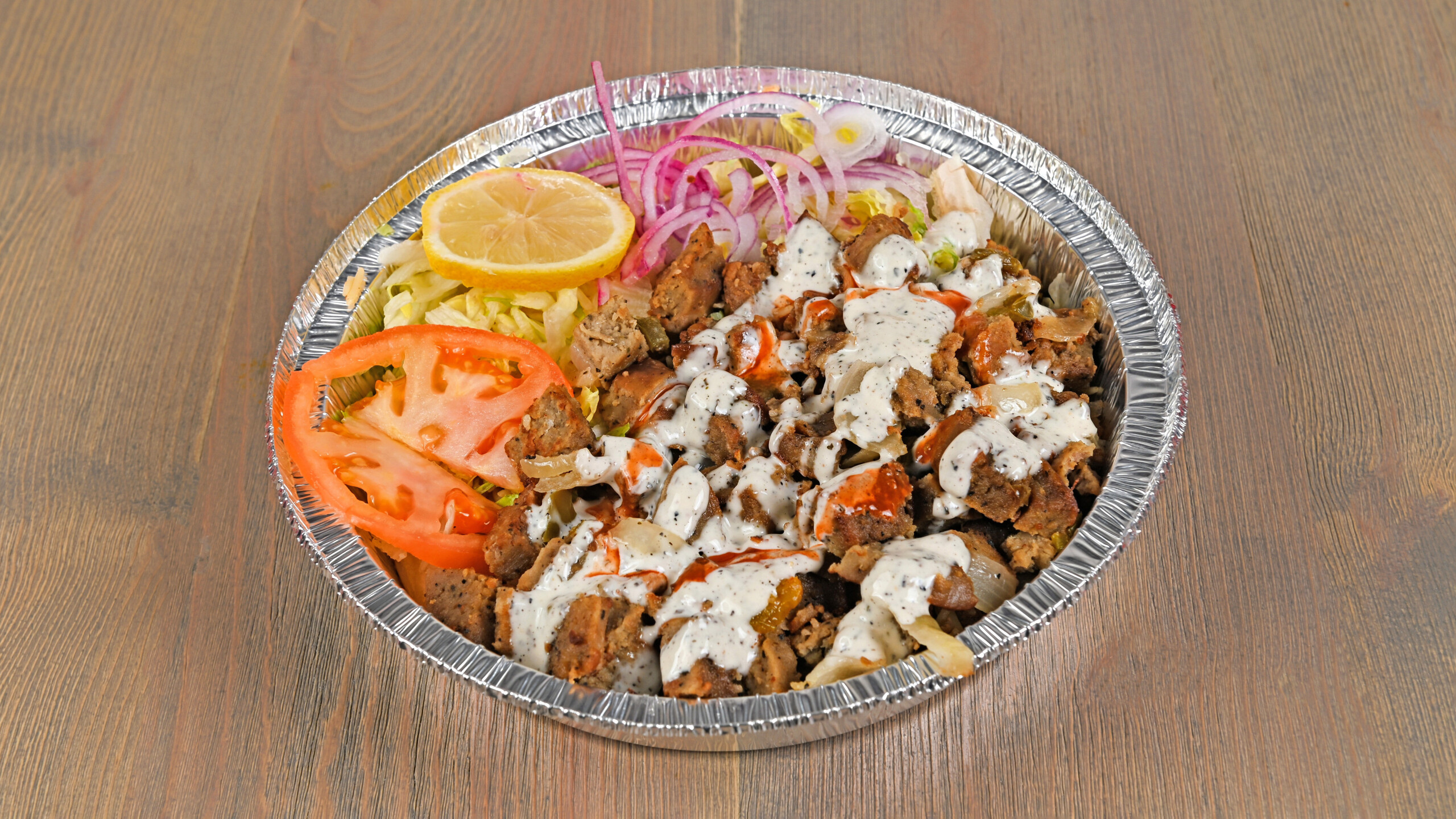 Lamb Over Rice with Salad and Soda