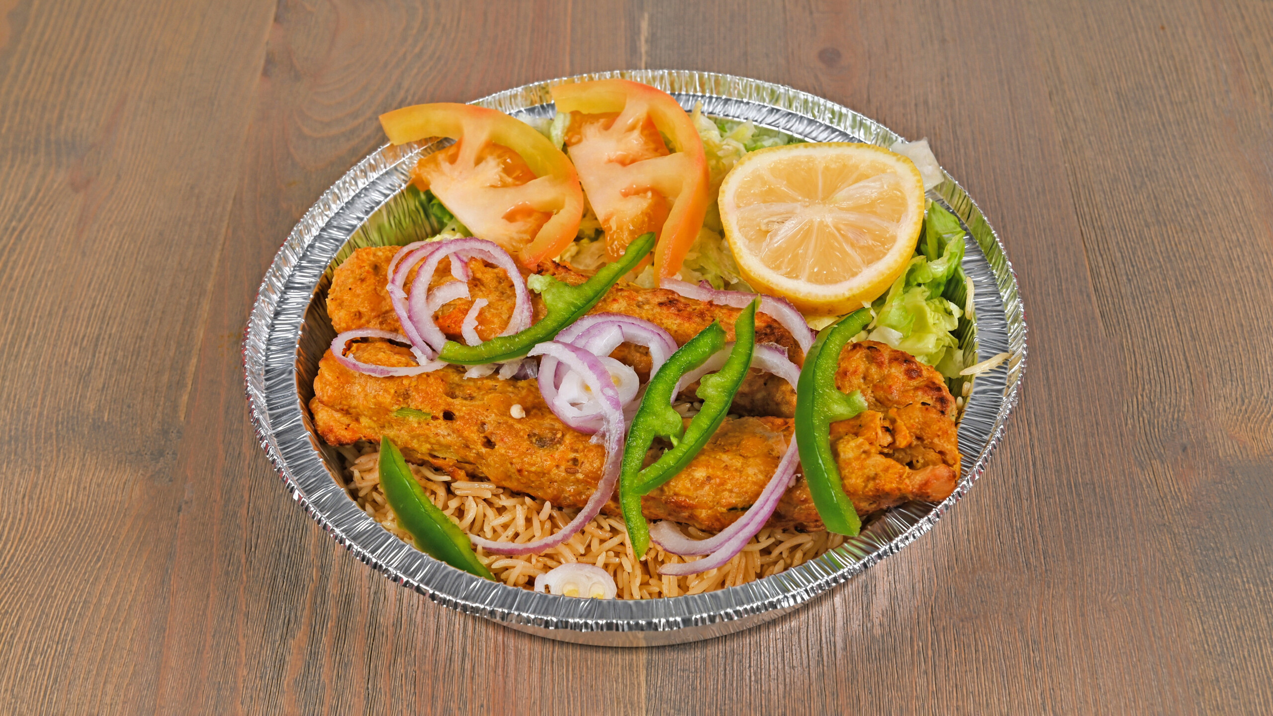Shish Kabab Over Rice with Salad and Soda