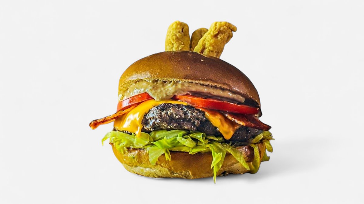 Burger Burgozaur + cartofi prajiti ,salata coleslaw si sos