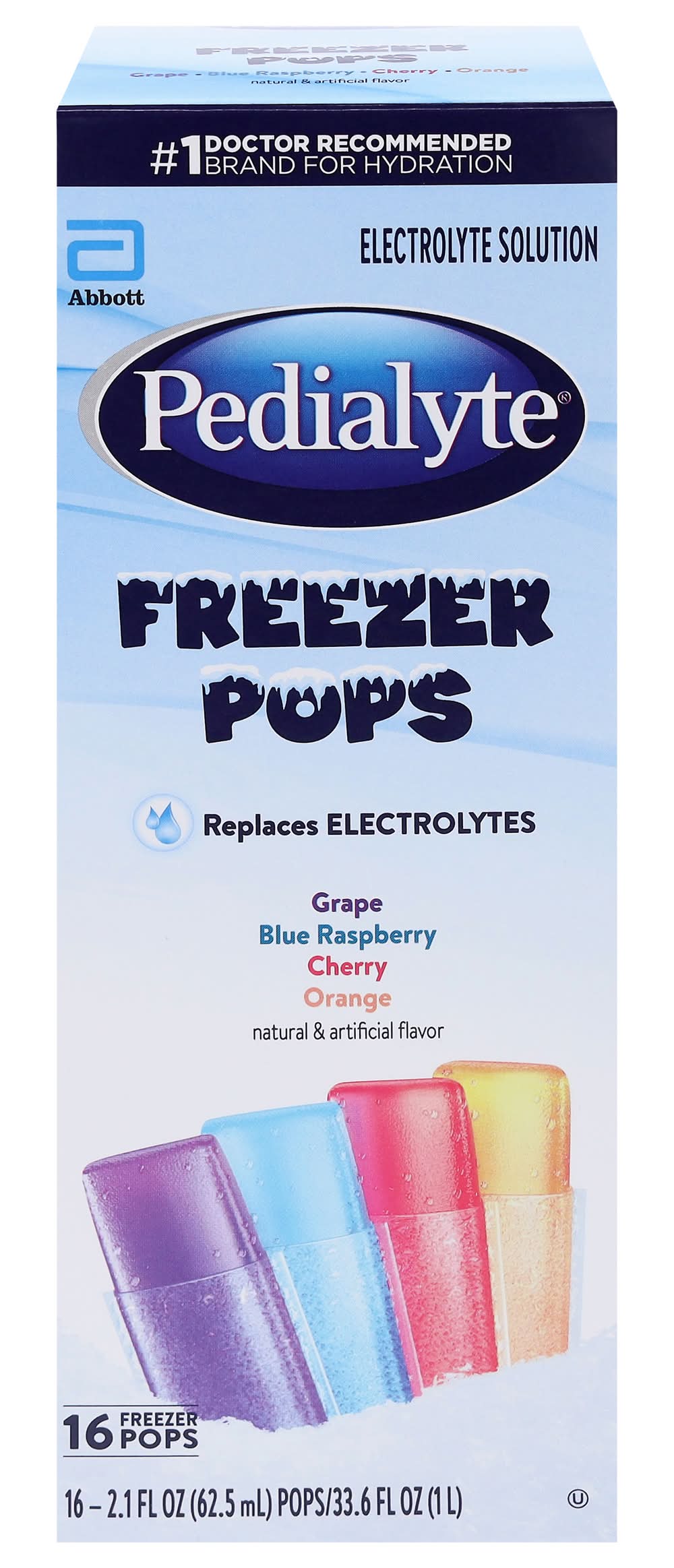 Pedialyte Electrolyte Solution Freezer Pops, Grape-Blue Raspberry-Cherry-Orange (16 x 2.1 fl oz)