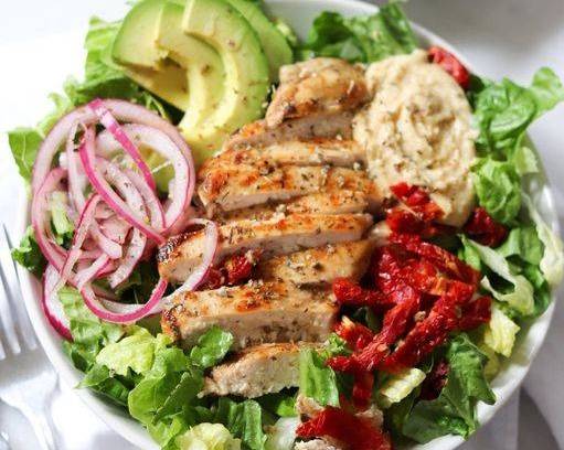Crispy chicken hummus salad