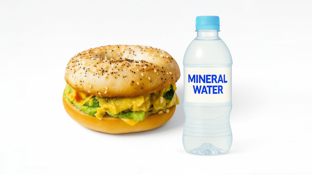 Omelette Avocado Bagel and Mineral Water