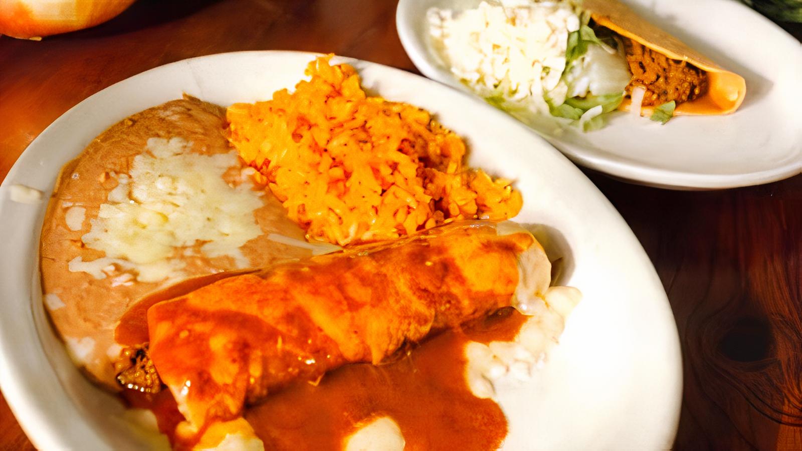 A. 1 Taco, Rice, Enchilada and Refried Beans